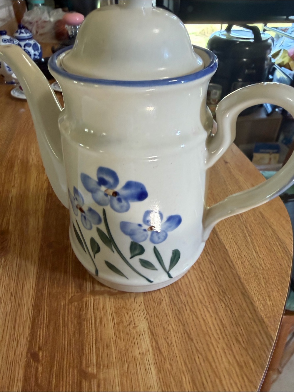 Handpainted Floral Ceramic Teapot in Blue and Cream